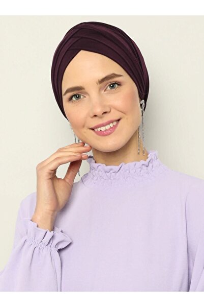 Mervin Şal Cross Three-Striped Ready-made Turban - Plum - 4 -