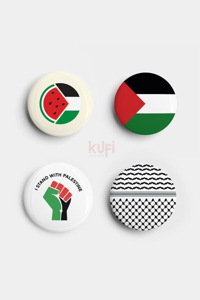 Kufi Design Filistin Temalı 4'lü set İğneli Rozet 44mm