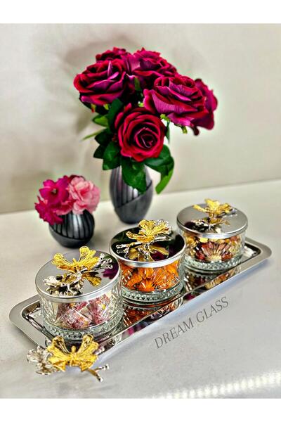 Dream glass 3'LÜ TEPSİLİ DRAJELİK & SUNUMLUK & BAHARATLIK TAKIMI