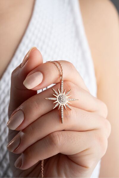 Silvano Jewelry 925 Ayar Gümüş Rose Zirkon Taşlı Kutup Yıldızı Kolye