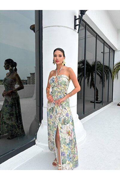 S&A Collectionn فستان نسائي طويل من الساتان بدون حمالات - رقبة رسن