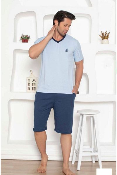ALİMER Set pijamale pentru bărbați - pantaloni scurți din bumbac pieptănat 100% bumbac
