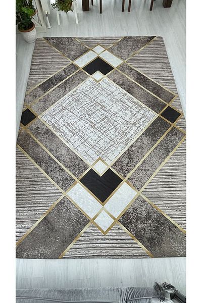EYPRICH Covor din catifea elastic auriu maro - model dungi, (6m2) 200x300
