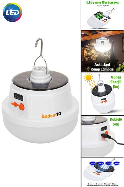 Badem10 Ledli El Feneri Işıldak Kamp Lambası Güneş Enerjili Şarjlı Pilli Port...