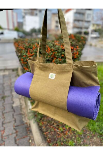 LİFENES Matte Carry Bag Pilates & Yoga Beach Casual Khaki Green Canvas Fabric Women's Shoulder Bag