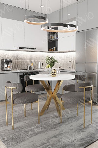 AVVİO FRAME MAT GOLD Ayak 4'lü Teddy Sandalye 90X90 Masa Sandalye Takımı ( SANDALYE BUKLE KUMAŞ)