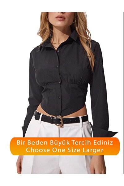 WEAR AND WEAR Kadın Siyah Korse Detay Sırtı Gipe Lastikli Gömlek Korseli Popl...