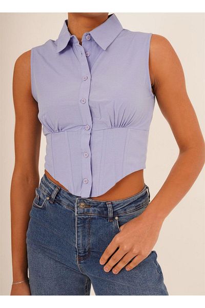 WEAR AND WEAR Cămașă de damă, albastru deschis, fără mâneci, cu talie, cu corset elastic, din popelină, fără mâneci