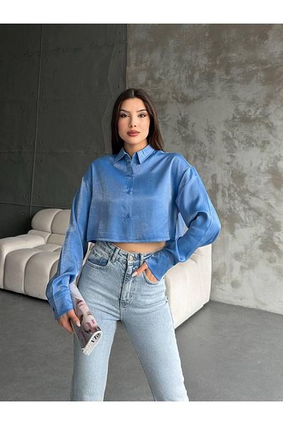 AB LOOKS Cămașă de damă, scurtă, strălucitoare, strălucitoare, de bază, din satin strălucitor, cămașă crop din satin sezon nou