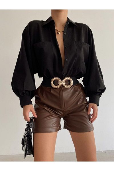 AB LOOKS Cămașă casual de damă, supradimensionată, cu mâneci cu balon, cu buzunare duble, din poplin