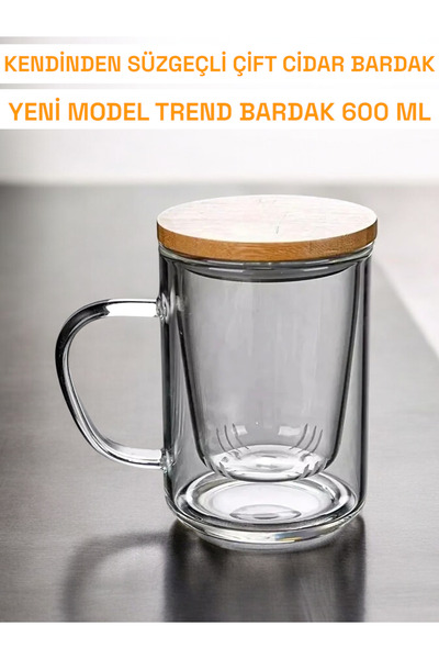 Ercazzo Süzgeçli Bambu Kapaklı Bardak Kulplu Demlik Modeli Çift Kat Bitki Çay...