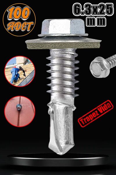 Badem10 Trapez Çatı Vidası 6.3x25 mm Paket 100 ADET Matkap Uçlu Sac Akıllı Vi...