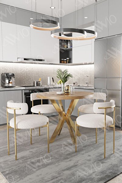 AVVİO LEA MAT GOLD Ayak 4'lü Teddy Sandalye 90X90 Masa Sandalye Takımı ( SANDALYE BUKLE KUMAŞ)