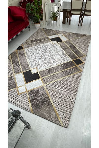 EYPRICH Covor din catifea elastic auriu maro - model dungi, (6m2) 200x300