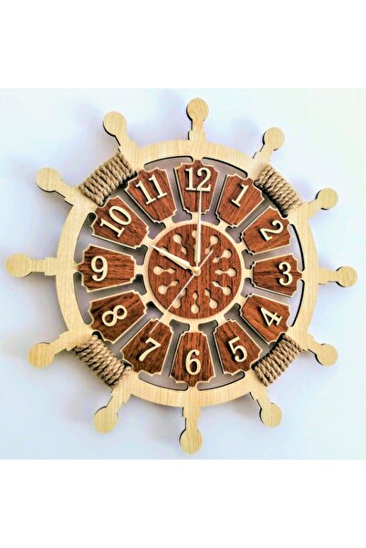 Genel Markalar Kahverengi Bilge Ahşap Dümen Tasarım Duvar Saati Hasır Detaylı Geometrik 40 cm