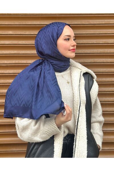 MİS İPEK Zikzak Desen Lacivert Pamuk Jakar Şal