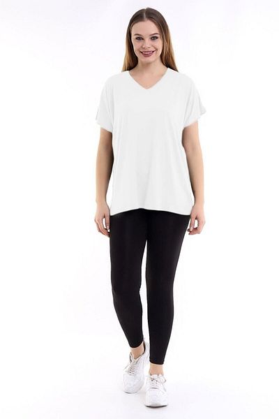 Devinka Women's White Large Size V-Neck Oversize Basic T-shirt