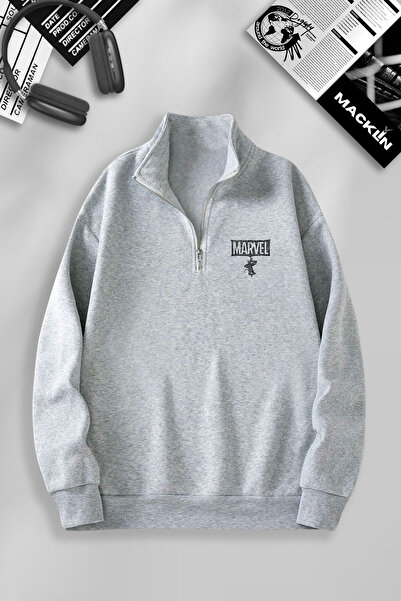 macklin Unisex Kadın Erkek Marvel Spiderman Baskılı Yarım Fermuarlı Dik Yaka Basic Sweatshirt