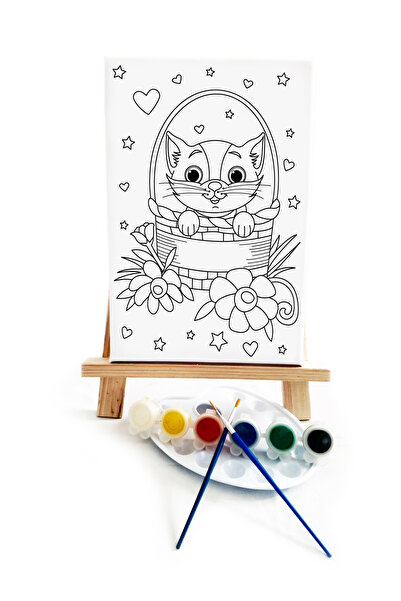 lilafil Sepetteki Kedi Çocuk Ressam Seti - 20 x 30 cm Önçizmli Tuval, 2 Adet ...