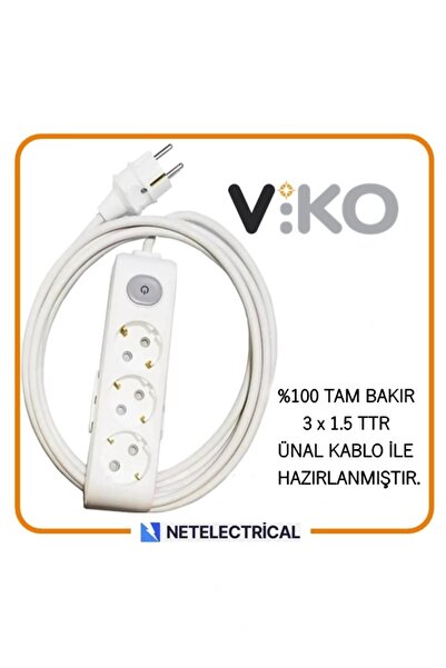 VİKO Multi-let 3'lü 7 Metre Anahtarlı Topraklı Çocuk Korumalı Kablolu Grup Priz
