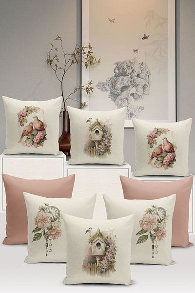 Bertille Home Σετ κάλυμμα μαξιλαριού ριχτάρι 8 τεμαχίων με ψηφιακή εκτύπωση διπλής όψης σειράς Flower/Vintage (Σετ κάλυμμα μαξιλαριού)