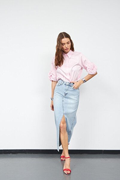 NOK İSTANBUL Cindy Yırtmaç Detaylı Maxi Boy Denim Etek LİGHT BLUE