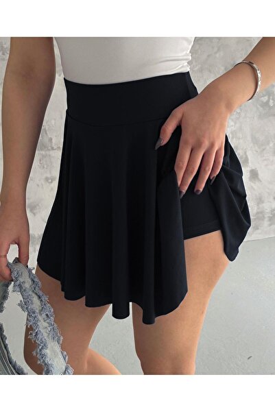 AB LOOKS Kadın Siyah Yüksek Bel Pileli Beli Lastikli Içi Taytlı Tenis Eteği I...