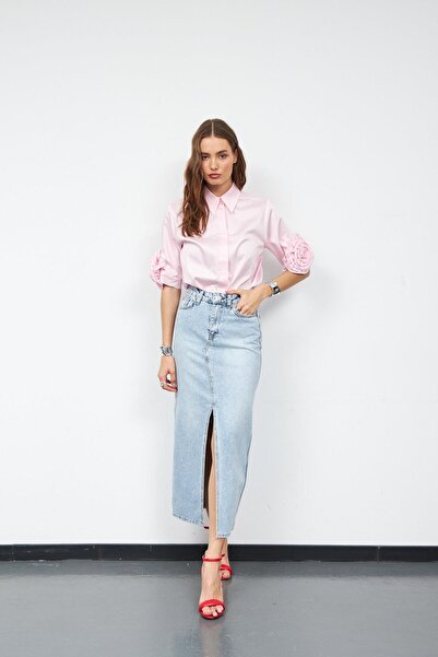 NOK İSTANBUL Cindy Yırtmaç Detaylı Maxi Boy Denim Etek LİGHT BLUE