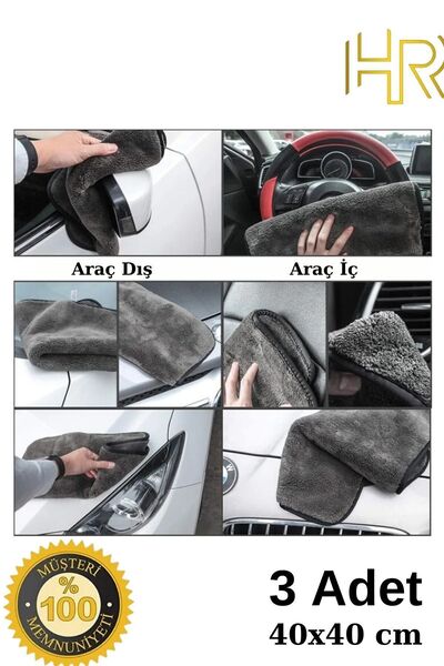 HR PAK 3 Adet Mikrofiber Leke Bırakmaz Araç Yıkama Kurulama Oto Cam Temizlik Bezi 40x40cm Gri