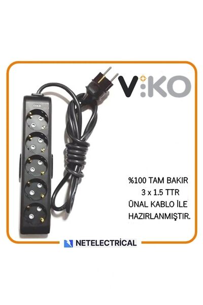 VİKO Multi-let Siyah 5'li 7 Metre Topraklı Çocuk Korumalı Kablolu Grup Priz