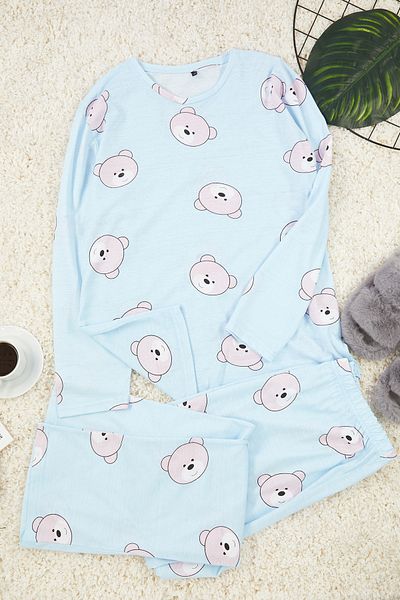 Trendyol Curve Light Blue Knitted Pajama Set - Teddy Bear Pattern TBBAW25AI00044