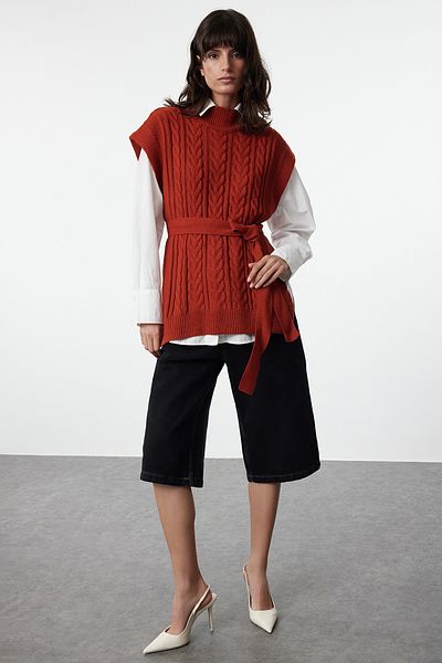 Trendyol Collection Wide Fit Wool Knitwear Sweater - Belted, Brick TWOAW22BZ0031