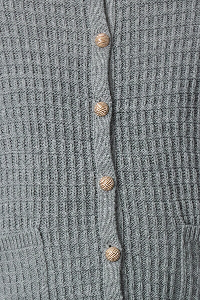 Trendyol Collection Antracit kötött kardigán - gombokkal és zsebrészletekkel, kabát megjelenés TWOAW25HI00000