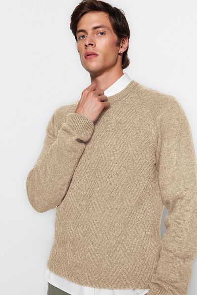 Trendyol Collection Unisex-Strickpullover aus Wolle in Steinfarbe mit Rundhalsausschnitt – TMNAW22KZ0290