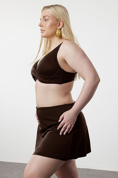 Trendyol Curve Mini Plus Size Bikini Bottoms with Brown Shorts Skirt Tbbss23Cr00015