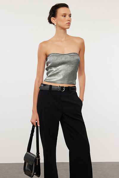 Trendyol Collection Stříbrná plodinová halenka bez ramínek - zlacená, Twoaw24Bz00340