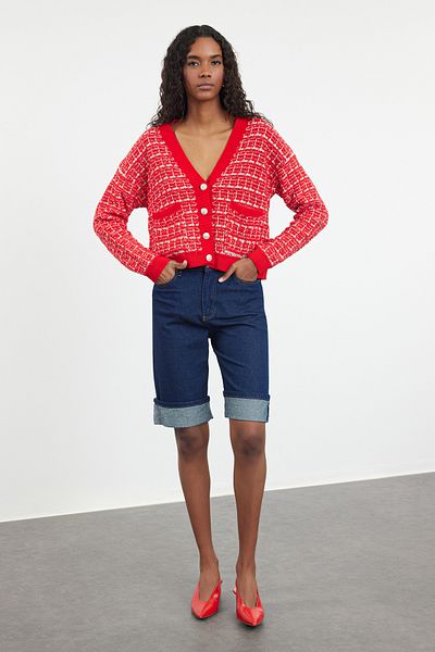 Trendyol Collection TWOAW25HI00240 Model Red Tweed Knitwear Cardigan