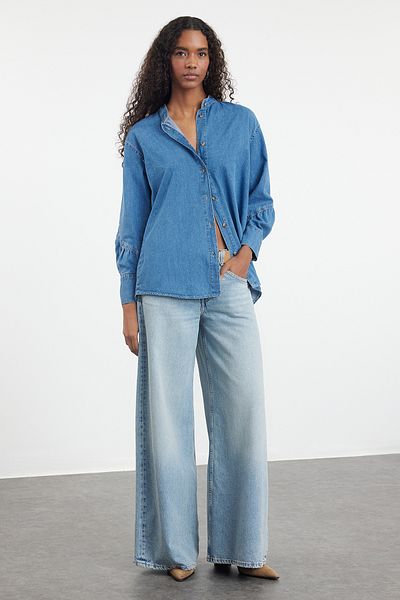 Trendyol Collection Oversize kék farmer ing - gombrészlet, TWOAW25GO00003