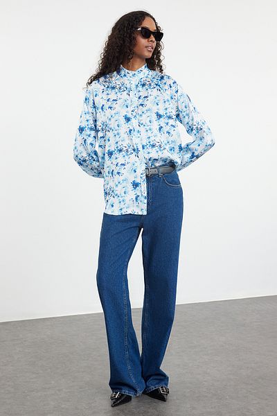 Trendyol Modest Cămașă albastră din țesătură din satin - Volană, TCTAW25TG00001
