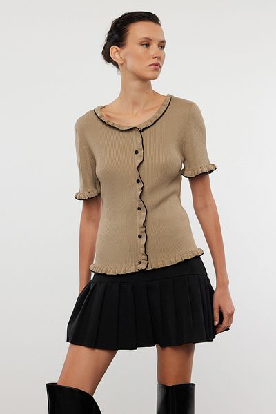 Trendyol Collection Knitwear Cardigan - Mink Color, Ruffle Detailed, Twoaw25Hi00203