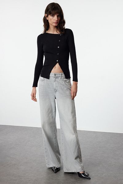 Trendyol Collection Pulover de tricotaj negru premium - cu nasturi, fir special TWOAW25KZ00269