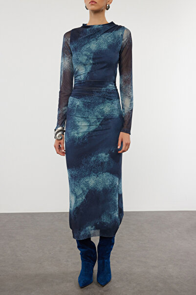 Trendyol Collection Modré Maxi pletené šaty - Bodycon Drape, Gather Detailed TWOAW25EL00121