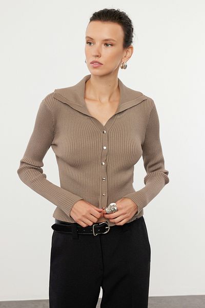 Trendyol Collection Turn-Down Collar Mink Knitwear Cardigan - Twoaw25Hi00057