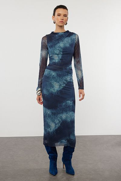 Trendyol Collection Rochie tricotată maxi albastră - drapaj bodycon, cu detaliu strâns TWOAW25EL00121