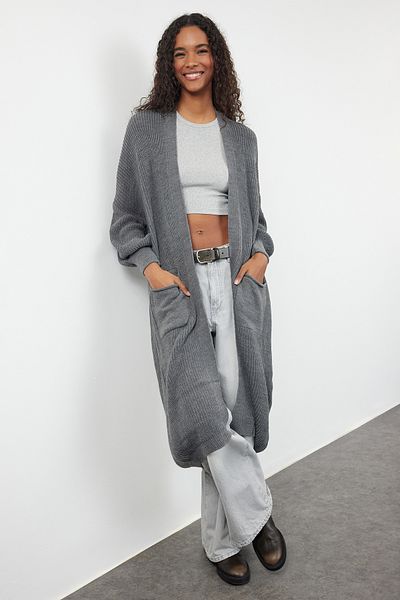Trendyol Collection Anthracite Maxi Basic Knitwear Cardigan - Twoaw24Hi00096