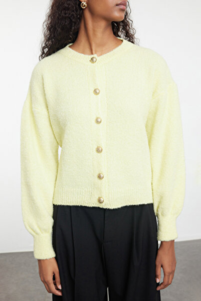 Trendyol Collection Yellow Button Detailed Balloon Sleeve Soft Textured Coat-Looking Knitwear Cardigan Twoaw25Hi00147