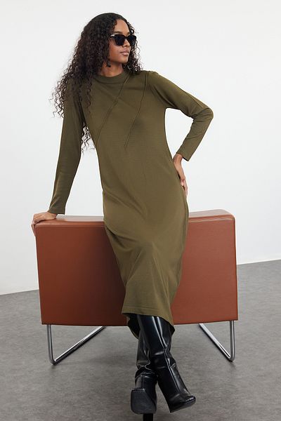 Trendyol Modest Πλεκτό Φόρεμα - Χρώμα Χακί, Λεπτομέρεια με ραβδώσεις, TCTAW25EB00051