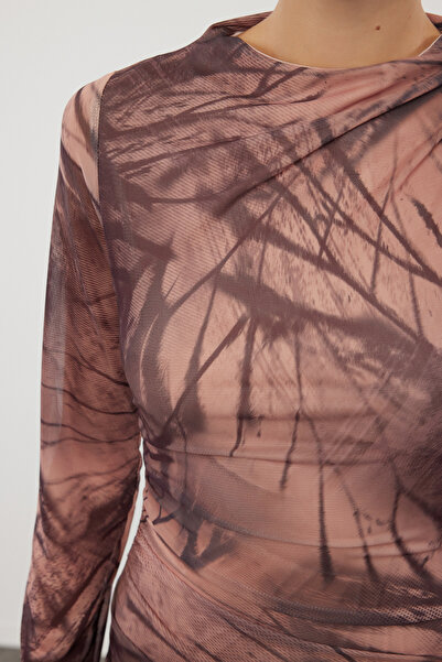 Trendyol Collection Beige Maxi Knitted Dress - Bodycon Drape Gather TWOAW25EL00121