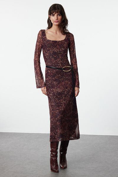 Trendyol Collection Кафява шарена плетена рокля по тялото - квадратна яка, вталена TWOAW25EL00123