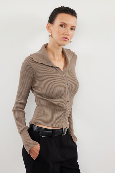 Trendyol Collection Turn-Down Collar Mink Knitwear Cardigan - Twoaw25Hi00057